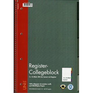 Register-Collegeblock 5 x16 Blatt kariert